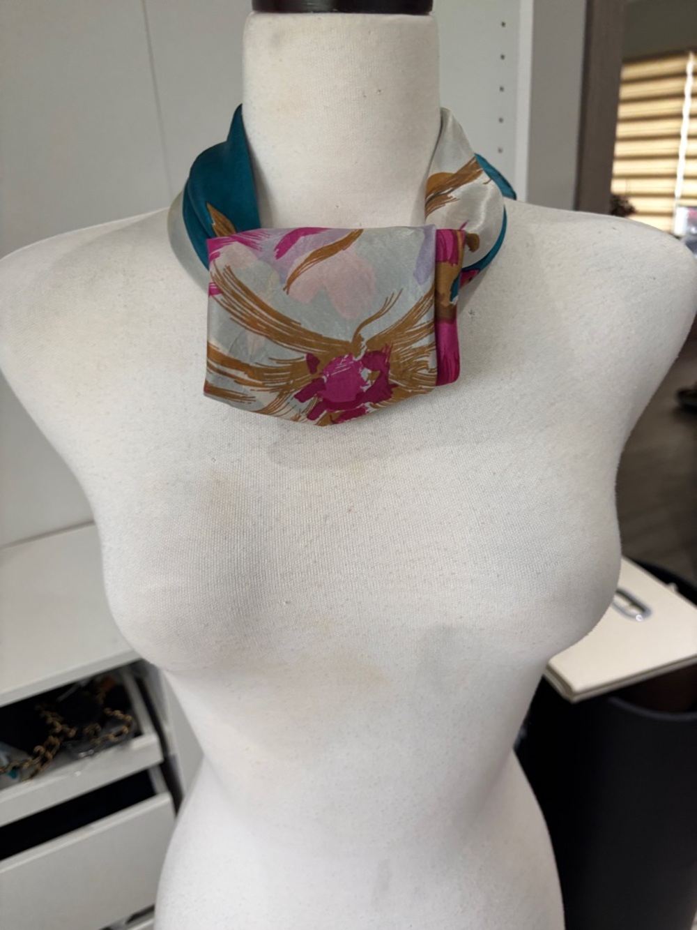 Silk Floral Teal & Pink Neck Scarf - Picture 2 of 10
